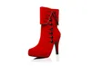 Botas de tornozelo europeu e americano camurça botão de salto alto botas de algodão vermelho para mulheres