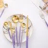 Zestawy naczyń obiadowych 24PCS Purple Tutlery Setle ze stali nierdzewnej nóż obiadowy łyżka widelca pałeczka stołowa Prezenty ślubne Golden