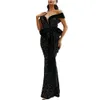 Sparkly Black Sequined Prom Dresses Off The Shoulder V-Neck Bow Peplum Floor Length Formal Evening Gowns Slim Fit Celebrity Party Robe 2023