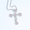 New styles hip hop necklace plated silver color paved 5A pink cz rose flower shape cross pendant with rope chain for women men lady punk styles hiphop jewelry wholesale