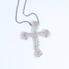 Nieuwe stijlen hiphop ketting verguld zilver kleur verhard 5A roze cz roos bloemvorm kruis hanger met touw ketting voor dames heren dame punk stijlen hiphop sieraden groothandel