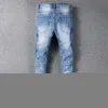 Mäns jeans sokotoo herr strass kristall lapptäcke ljusblå rippade jeans smala passande mager stretch denim byxor t221102