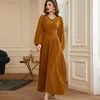 Etnische Kleding Gewaad Femme Musulmane Kurkuma V-hals Diamant Lange Jurk Mouw Midden-oosten Dubai Abaya Turkije Moslim Mode Riem