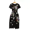 2022 Autumn Round Neck Lace Floral Print Embroidery Dress Black Short Sleeve Mid-Calf Midi Casual Dresses 2TN02