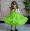 Robes à fleurs vertes pour filles, en Tulle, longueur thé, jolies robes de première Communion, vêtements courts pour enfants, fête de mariage, 2022