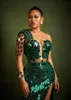 Long Mermaid Sparkly Fevid Dresses Emerald Green African Sexy One Counter Mirror Crystal Slim Fit Prom Dress Robe de Soiree