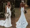 Sjöjungfru bohemiska bröllopslandsklänningar för brudar sexiga spaghettigrem