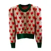 Womens o-neck color block sweater puff long sleeve love heart jacquard rhinestone luxury sweater cardigan coat
