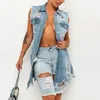 Jackets femininos Ladies Vintage Jean Vest casual Botão de lapela abaixo do bolso sem mangas Cultura angustiada camisa de jeans adolescente casaco