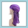 Accessoires de cheveux Nouveaux hommes Solid Headwear Bandeau Pirate Silky Durag 17 Couleurs Longue queue Headwrap Satin Respirant Bandana Chapeau Cheveux S Dh0Yf