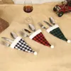 Christmas Santa Hats Silverware Holders Xmas Party Buffalo Plaid Knife Fork Cover Dinner Table Decorations RRA458