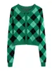 Kvinnors stickor Evefer England Style Plaid Print Sticked Spring Autumn Short Cardigans Girls O-Neck Långärmad gröna tröjor Kvinnor stickade kläder