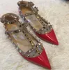 Rivets Pointed Flat Shoes Sandals Genuine Leather Shallow Nude Black Shiny Women's Brand Red Wedding Shoes with Box 34-44