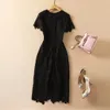 2022 Autumn Round Neck Lace Floral Print Embroidery Dress Black Short Sleeve Mid-Calf Midi Casual Dresses 2TN02