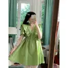 Casual Dresses 2022 Summer Green Dress Female Lotus Leaf Temperament V-neck Waist Short Women