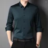 Camisas masculinas Camisas de strass de alta qualidade 2023 Spring Autumn's Ice Silk sem traço Button Casual Up Slim Fit
