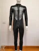 Catsuit Costumes Men Sexig Wetlook underkläder latex Faux läder främre dragkedja Öppen Crotch Bodysuit Fetisch Costume Erotic Body Suit