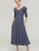 Ink Blue A-Line Mother of the Bride Dress Plus Size V Neck Ankell￤ngd Chiffon Half ￤rmhylsa veck Bridal Party Gown 2023