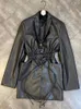 Women's Leather Women's Fall 2022 Lapel Long Sleeve Pull Rope Elastic Waist Design Black PU Coat