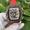 Hot Items Mens Watch 44mm x 50mm RM11-03 Skeleton Carbon Fiber Designer Watches Red Leather Bands Sapphire Transparent Mechanical Automatic Men's Wristwatches