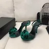 2022 Tasarımcı Çiçekler Toka Yüksek Topuklu Sandallar Kadın Lüks İpekler Deri Moda Strappy Boş Dışarı Out Ayakkabı Kapalı Kapak Ayak Ayak Ayak Seksi Kırmızı Yeşil Renk Sandal