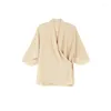 Women's Blouses 2022 Women's Sand Color Wrapped Silk Shirt Loose Irregular Mid-Sleeve V-Neck Blouse Top Summer For Ladies