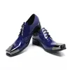 الحذاء الأزرق الأزرق الفاخر رجال أحذية جلدية أحذية أزياء مربع أخمص القدم