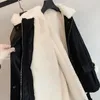 Damen-Leder-Übergröße-Jacke mit Kunst-Rex-Fell innen, warmer, weicher, verdickter, gefütterter Mantel, schwarze Winterjacken