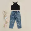 衣料品セット2PCS女の子の夏の服装子供オフショルダーノースリーブのタンクトップ18ヶ月から6年のポケット付きジーンズ