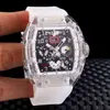 Superclone Luxury Mens Mechanics Watch Richa Milles Mens White Plastic Skeleton Dial Daydate Moonphase Automático Mecânico Vidro de Safira Atrás