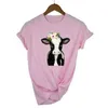 Yaz moda tişört femme komik inek ile çiçek hayvan sevgilisi çiftlik t kadın üstleri