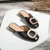 Mules Slippers Shallow Loafers Shoes Closed Toe Women Leather Low Heels Casual Metal Buckle Slip On Slides Big Size
