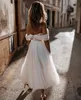 Abito da sposa da sposa a pois 2023 vestidos de novia Lunghezza tè robe de mariee Pieghettato Off-spalla Prova Ricevimento Festa per il fidanzamento Addio al nubilato Abito da ballo