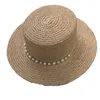 Breite Krempe Hüte französische elegante Perlenkette Luxus Raffia Flach Top Stroh für Frauen handgefertigte Dame Summer Beach Cap Sun Visor