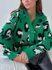 Women's Sweaters Winter Green Leopard Print Cardigan Women Casual Loose Thick Warm Knitted Sweater Lady V-Neck Long Sleeve All-match