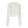 Women's Sweaters Cropped Sweater Women 2022 Fashion Floral Embroidery Openwork Knitted Pullover Crew Neck Long Sleeve Casual