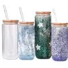 Heldere sublimatie mokken ons magazijn 12oz 16oz 25oz tumblers dubbele wandglas tuimelaar glitter diy sneeuwbol blanco blik met bamboe deksels biersapglazen beker