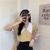 Frauen Blusen Sommer Plaid Puff Sleeve Elegante Crop Top Drehen Unten Kragen Botton Kurze Shirts Süße Koreanische Gelb Blau bluse