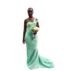 2023 African Bridesmaid Dresses Mint Green Satin Pleated One Shoulder Plus Size Mermaid Floor Length Long Maid Of Honor Gowns Wedding Guest Dress