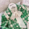 Kledingsets Fashion Kids Girls Princess 2pcs Kleding Set Spring herfst Kinderen Green Plaid Outwear Rooks Vintage Outfits Pak