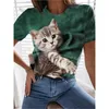 T-shirt da donna a manica corta estiva da donna T-shirt con scollo a O stampata gatto 3D digitale Femme