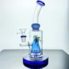 Glass Bong Hookah Bubbler Mini Drill Reting Pipe med blått bladutsmyckningar, 1 Perc 14mm kontakt GB386