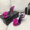 2022 designer flowers buckle high heels sandals women luxury Silks Leather fashion After strappy hollow out shoes lady Covered toe sexy Red green black colour sandal