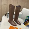 Karligraphy Brown Leather Boots Heel Tall Boots Smooth Pull-On Almond Toes Knight Boots Luxury Designers Brands Shoes for Women Factory Footwear