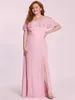 Européen et Américain Plus Size Slim Slim Lace Front Split Prom Dress Powder ES80