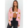 Women's Knits Knitted Crop Cardigan Women Long Sleeve Knitwear Ladies Dropped Shoulder Single-breasted Floral Coat Vintage Sweater