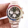 Автоматические розовые радужные часы Full Works No Chronograph Function Baguette Diamonds Bezel Men Проводительные часы 40 мм высокое качество2438