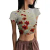 여자 T 셔츠 봄/여름 여자 최고 꽃 인쇄 캐주얼 라운드 목 슬림 한 짧은 슬리브 티셔츠