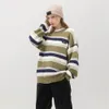 Ropa de mujer, suéter de calle para parejas, jersey de punto con cuello redondo empalmado a rayas, sudadera informal cálida de moda para otoño e invierno M34