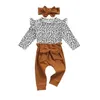 Kläder set Citgeett Autumn Infant Baby Girls Fall Outfits Långärmad Leopard Ruffle Romper Bow Tie Pants pannband Springkläder Set 221103